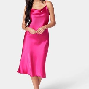 BEBE Hot Pink Satin Cowl Neck Spaghetti Strap Midi Slip Dress Size XL